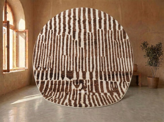 Handmade Moroccan High Pile Wool Rug - Brown and Cream Round Beni Ourain Rug - Striped Berber Area Rug for Living Room | Afrikesh