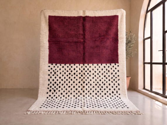Maroon and Ivory Beni Ourain Rug - Handmade Moroccan Wool Rug - Speckled Color Block Berber Area Rug for Living Room or Bedroom | Afrikesh