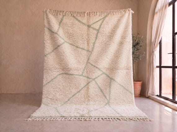 Minimalist Shaggy Berber Area Rug - Handmade Moroccan Wool Rug - Sage Green & Ivory Beni Ourain Rug for Living Room and Bedroom | Afrikesh