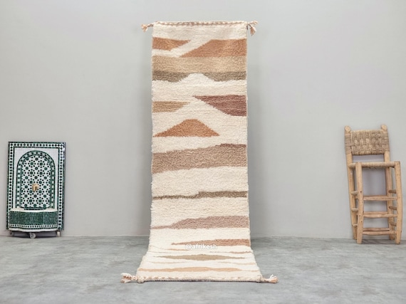 BENI OURAIN RUNNER 2x11, Soft Chic Moroccan Rug, Handwoven Berber Runner Rug, Long White & Brown Hallway Carpet, Abstract Pattern Wool Rug.