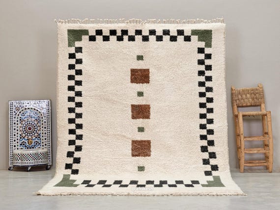 BENI OURAIN RUG, Authentic Moroccan Rug, Handwoven Berber Carpet, Custom Artisan Grid Design, Black and Green Area Rug, Organic Wool Rug.