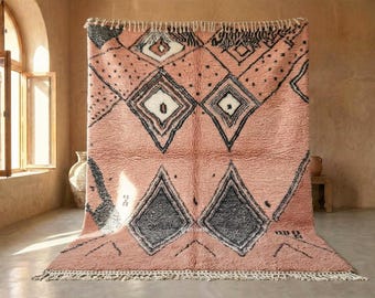 BERBER CARPET, Custom Beni Ourain Rug, Handmade Moroccan Rug, Scandinavian Area Rug, Salmon Pink Wool Rug, Geometric Pattern Floor Covering.