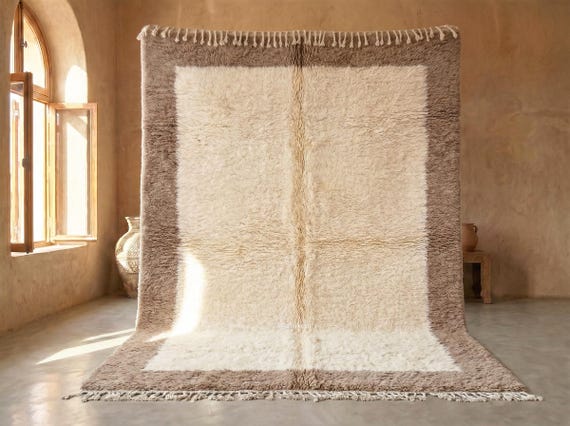 Custom Handmade Morrocan wool Rug – Plush Taupe Border Ivory Wool Beni Ouarain Area Rug