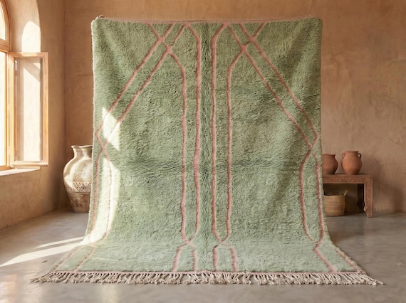 BENI OURAIN RUG, Berber Carpet, Hand Tufted Moroccan Rug, Custom Sage Green Rug, Wool Area Shag Rug, Pink Rug.
