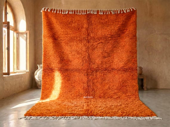Solid Orange Beni Ourain Rug - Handmade Moroccan Wool Rug - Shaggy High Pile Berber Area Rug for Living Room | Afrikesh
