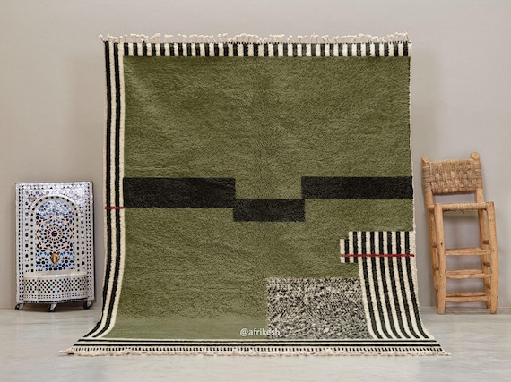 GREEN HANDMADE RUG, Moroccan Living Room Rug, Beni Ourain Berber Carpet, Modern Striped Design, Personalized Organic Wool Rug.