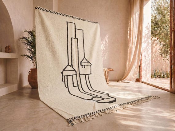 Handwoven Wool Kilim Rug – Abstract Figurative Line Art, Moroccan Berber Area Rug