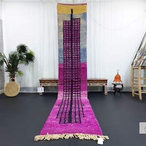 DELIGHTFUL BOUJAAD CARPET, Large Moroccan Runner 2x13, Abstract Rug, Berber Rug, Purple and Black Runner, Sheep Wool Rug, Handwoven Rug.