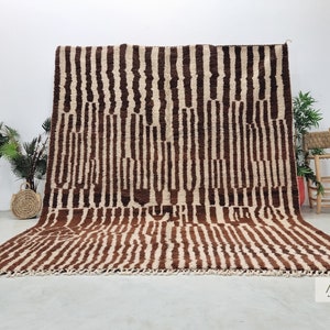 Handmade Striped Moroccan Rug – Custom Beni Ourain, Brown & White Wool Berber Carpet, Authentic Atlas Design, Authentic AFRIKESH Area Rug