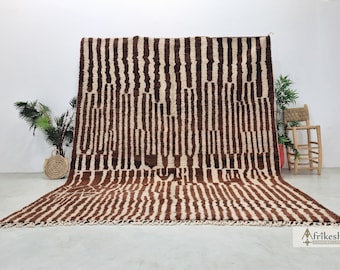 ALFOMBRA DE RAYAS HECHA A MANO, diseño marroquí personalizado, alfombra bereber marrón y blanca, auténtica alfombra Beni Ourain, revestimiento de suelo decorativo.