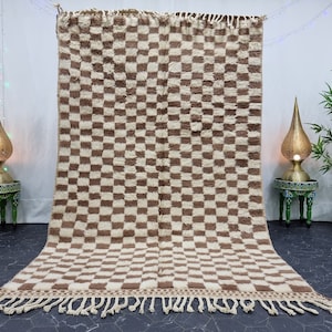 BERBER CARPET, Brown Moroccan Rug, Beni Ourain Wool Rug, Tribal Checkered Rug, Handmade Area Rug, Custom Shag Rug, Cozy Rug For Living Room.