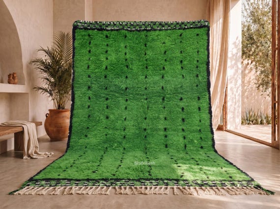 Custom Dotted Beni Ourain Rug - High Pile Handmade Moroccan Wool Rug - Emerald Green Diamond Dot Berber Area Rug for Living Room | Afrikesh.