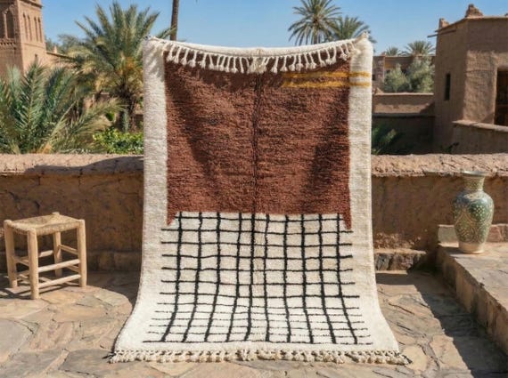 AUTHENTIC HANDMADE RUG 5x8, Moroccan Beni Ourain Rug, Grid Berber Carpet, White & Brown Wool Rug, Rectangular Shaggy Area Rug.