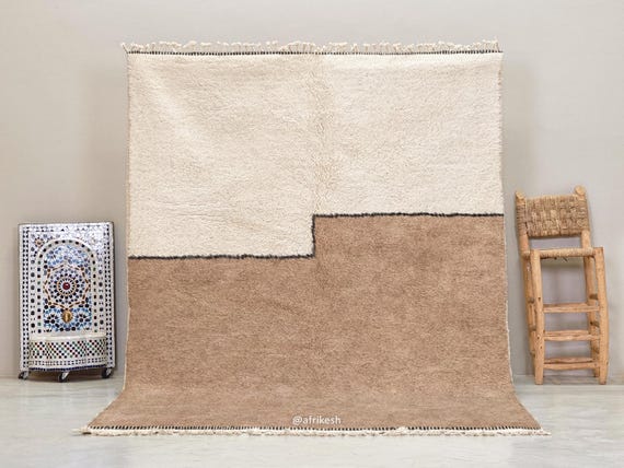 BEIGE AREA RUG, Minimalist Moroccan Rug, Beni Ourain Wool Rug, Hand-Knotted Berber Carpet, Custom Made Floor Covering, White Abstract Design