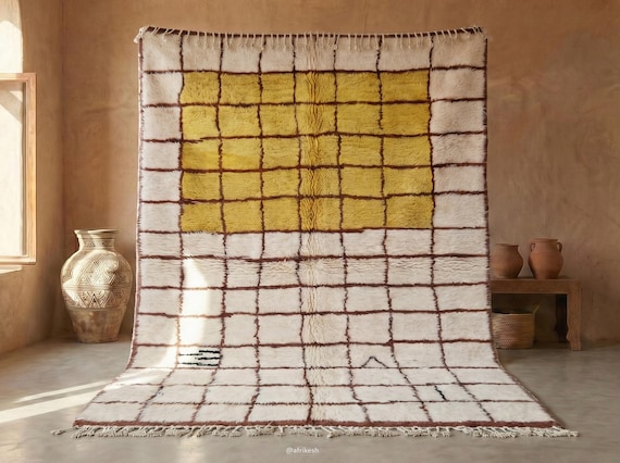 MODERN HANDMADE CARPET, Custom Berber Wool Rug, Moroccan White and Yellow Rug, Boho Grid Rug, Handwoven Beni Ourain Area Rug.