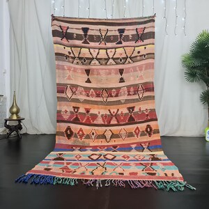 Handmade Moroccan Rug , Vintage Handmade Rug , Abstract Rug, Berber Tribal carpet, Bohemian Red and Blue Rug, Wool Rug