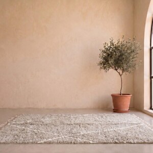 May include: A rectangular area rug featuring a shaggy, textured pile in a light beige tone with a subtle white diamond pattern and fringed edges on the short sides, positioned flat on a smooth floor surface in a room with a potted olive tree.