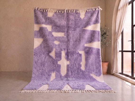 Custom Size Beni Ourain Rug - Hand-tufted Moroccan Wool Rug -  Purple Abstract High Pile Berber Area Rug for Living Room | Afrikesh