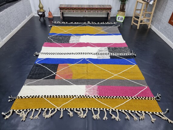 Tapis Berbère Marocain Main 6.5x10 Pieds - Laine, Motifs Bleus Géométriques Boho, Neuf Sans étiquette