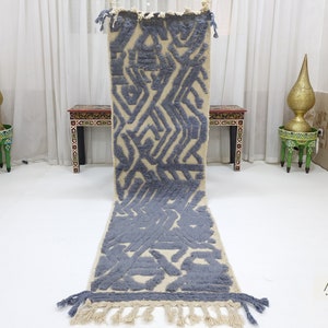 MADE to ORDER RUNNER, Handmade Tufted Rug, Moroccan Beniourain Rug, Abstract Rug, Handwoven Blue Runner, Sheep Wool Berber Rug.