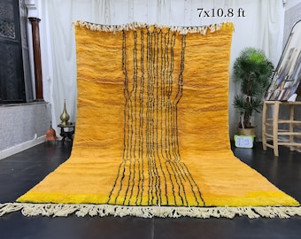 BRIGHT ORANGE RUG 7x10, Handmade Moroccan Rug, Beni Mrirt Wool Rug, Plush Area Rug, Striped Mrirt Rug, Berber Carpet, Luxurious Floor Rug.
