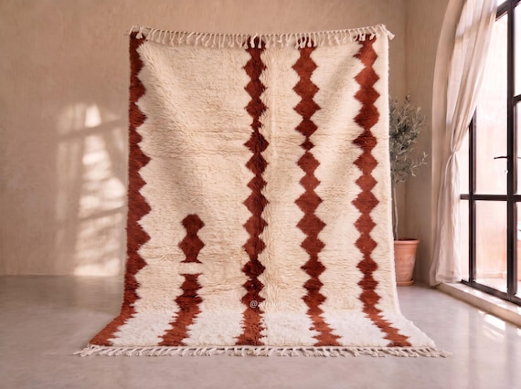 Terracotta Diamond Beni Ourain Rug - Handmade Moroccan Wool Rug - Rust and Ivory High Pile Berber Area Rug for Living Room | Afrikesh
