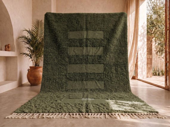 Tufted Dark Olive Green Beni Ourain Rug - Handmade Moroccan Wool Rug with Tonal Geometric Design - Berber Area Rug for Living Room.