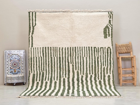 Handcrafted Moroccan Berber Rug: Green Beni Ourain Wool Carpet