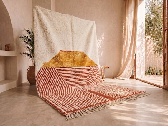 Custom Hand-Knotted Beni Ourain Wool Rug – Terracotta Stripes, Amber Mountain, High Pile Organic Area Rug