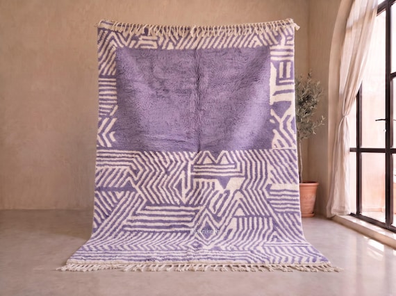 Unique Purple & Ivory Beni Ourain Rug - Handmade Moroccan Wool Rug - Geometric High Pile Berber Area Rug for Living Room | Afrikesh