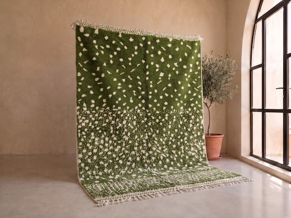 Personalized Olive Green & Ivory Dotted Rug - Handmade Moroccan Beni Ourain Wool Rug - Shaggy Berber Area Rug for Living Room | Afrikesh