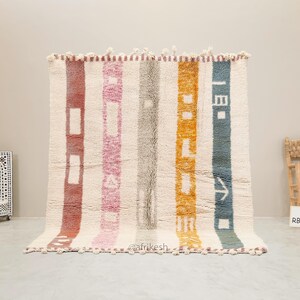 BERBER CARPET, Handmade Beni Ourain Rug, White Moroccan Rug, Custom Made Wool Rug, Striped Area Rug, Shaggy & Colored Floor Covering- Afrikesh Rug - Two Side Fringes.