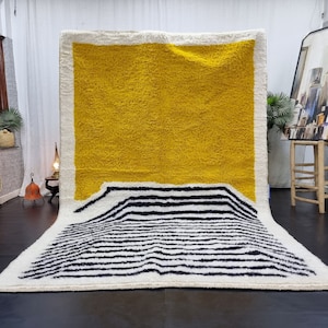 STUNNING MOROCCAN RUG For Your Living Room, Beniourain Yellow Boxed Striped Rug Handmade From Wool of Sheep, Artistic Handwoven Berber Rug