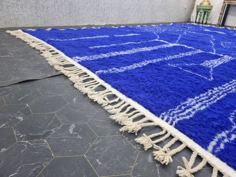 CUSTOM BENIOURAIN CARPET, Moroccan Handmade Rug, Royal Blue And White Rug, Abstract Rug,Handmade Wool Carpet,Azilal Berber Rug,Handwoven Rug image 5