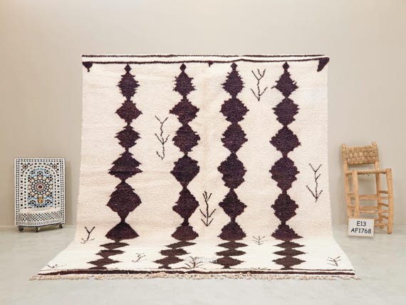 LARGE WOOL RUG 9x11, Beni Ourain Moroccan Rug, Geometric Berber Carpet, Artisan Made Area Rug, White & Dark Brown Rug, Marvelous Home Decor.