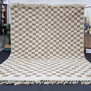 SHAG CARPET, Handmade Moroccan Rug, Custom Beni Ourain Rug, White & Biege Rug, Authentic Checker Area Rug, Tufted Wool Berber Carpet.