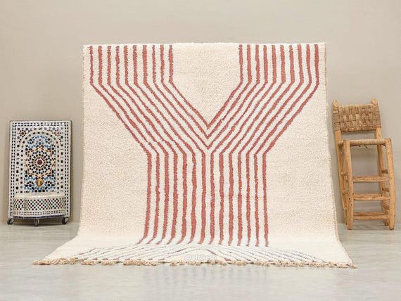 MINIMALIST WOOL CARPET, Custom Moroccan Rug, Striped Beni Ourain Rug, Teracotta Orange & White Berber Rug, Elegant Shag Area Rug.