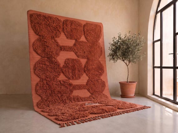 Fabulous Terracotta Beni Ourain Rug - Handmade Moroccan Wool Rug - Tufted Shaggy Berber Area Rug for Living Room and Bedroom | Afrikesh