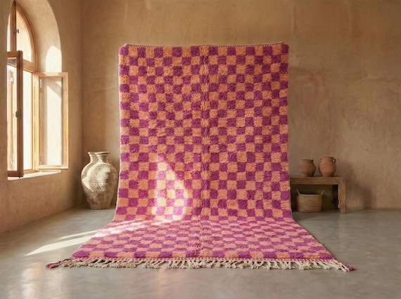 Pink and Purple Beni Ourain Rug - Handmade Moroccan Wool Rug - Checkered Berber Area Rug for Living Room -  Afrikesh