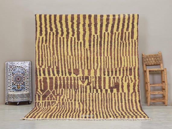 SHAG CARPET, Brown & Yellow Moroccan Rug, Striped Berber Rug, Beni Ourain Area Rug, Artisan Made Wool Rug, Custom Size Floor Covering.