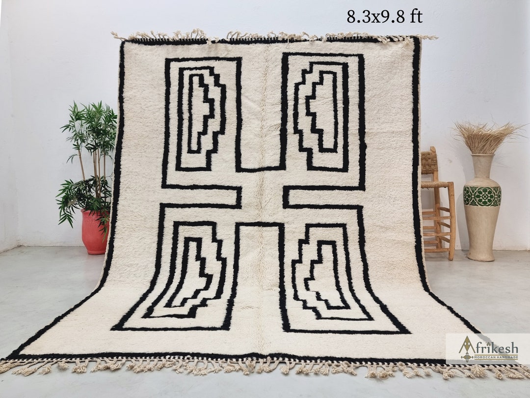 8x9 Rug ABSTRACT RUG 8x9, Beni Ourain Floor Rug, Shaggy Moroccan Rug, Black ...