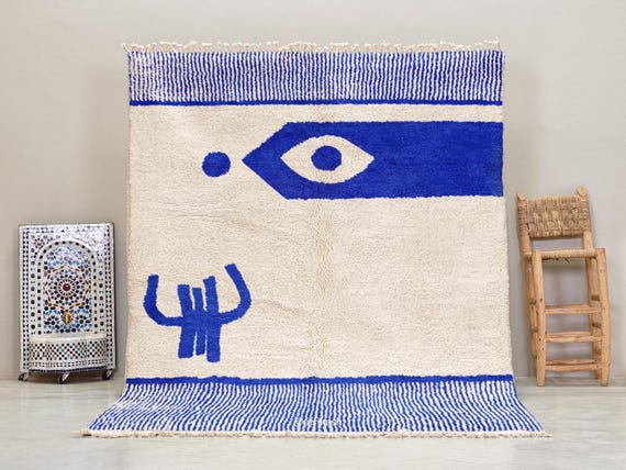 ROYAL BLUE RUG, Custom Moroccan Design, Striped Beni Ourain Rug, Artisan Made Wool Rug, Berber Floor Art, White Tones for Timeless Comfort.