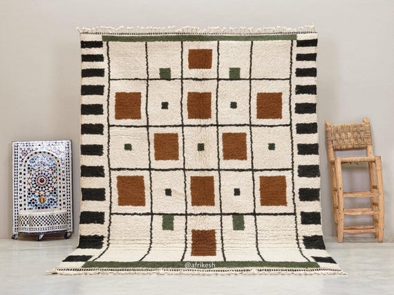 BERBER FLOOR RUG, Artisan-Woven Moroccan Rug, Shaggy Wool Carpet, Custom-Made Beni Ourain Rug, Contemporary Black & Brown Grid Lines.
