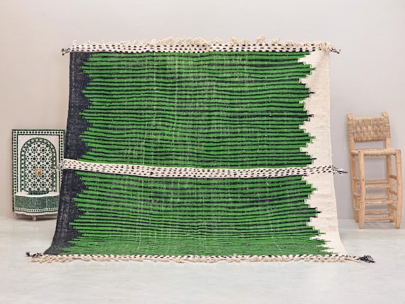 GREEN KILIM RUG, Custom Size Moroccan Rug, Handwoven Wool Zanafi Carpet, Flatweave Striped Design, Boho Berber Area Rug, Designed for living