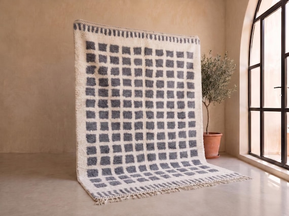 ARTISTIC HANDMADE RUG, Gray & White Moroccan Rug, Beni Ourain Area Rug, Grid Pattern Wool Rug, Custom Made Berber Carpet.