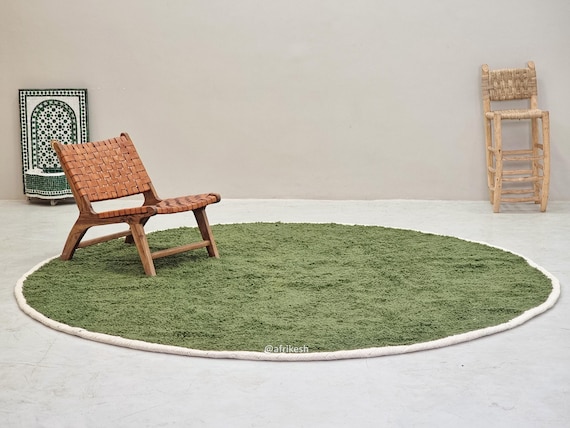 SOLID GREEN RUG, Circle Beni Ourain Rug, Custom Moroccan Rug, Hand-Knotted Area Rug, Authentic Berber Carpet, Round Rug For Living Room.