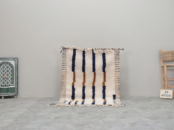 SMALL MOROCCAN RUG 3x6, Striped Beni Ourain Rug, White & Navy Blue Rug, Hand-Knotted Wool Rug, Soft Berber Carpet, Fluffy Living Room Rug.