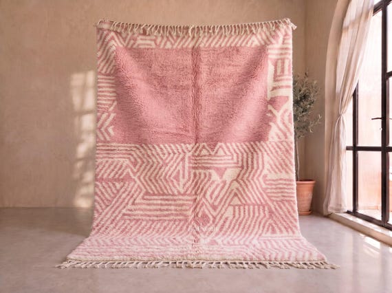 Blush Pink and Ivory Beni Ourain Rug - Handmade Moroccan Wool Rug - Tonal Geometric Berber Area Rug for Bedroom | Afrikesh