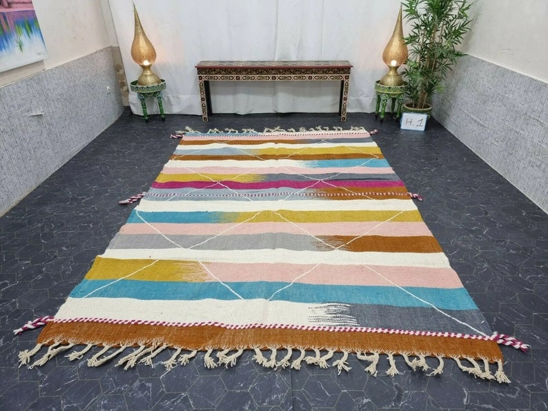 TAPPETO KILIM UNICO, tappeto a tessitura piatta, tappeto tessuto Kilim, tappeto colorato, tappeto geometrico personalizzato, tappeto ad area, tappeto marocchino, tappeto in lana intrecciata a mano, tappeto Funky immagine 10