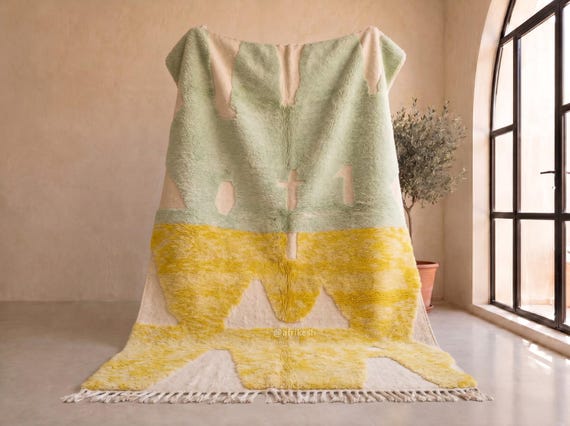 Yellow and Sage Green Beni Ourain Rug - Hand Tufted Moroccan Wool Rug - Abstract Colorful Berber Area Rug for Living Room | Afrikesh
